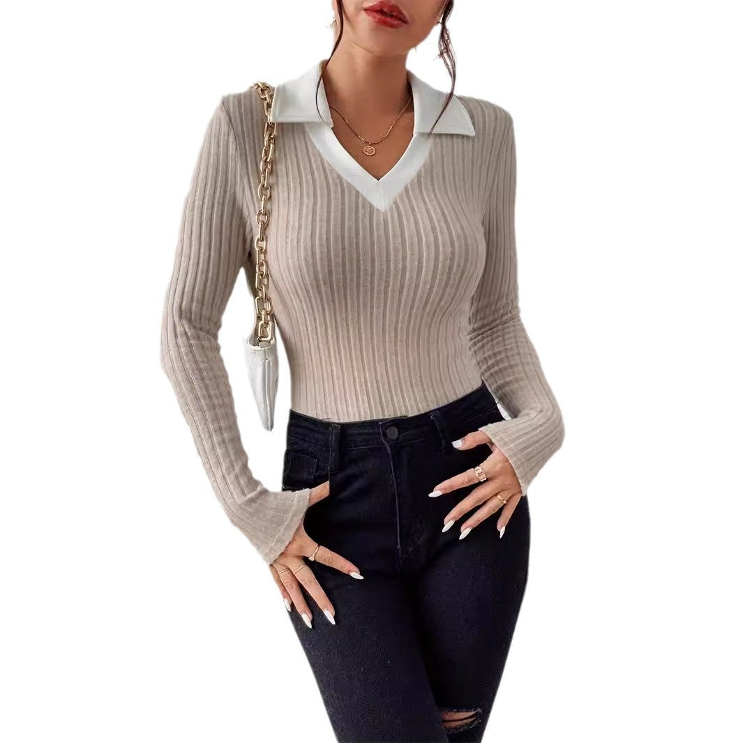 Women’s Knitted Pullover Long Sleeve V-Neck Top