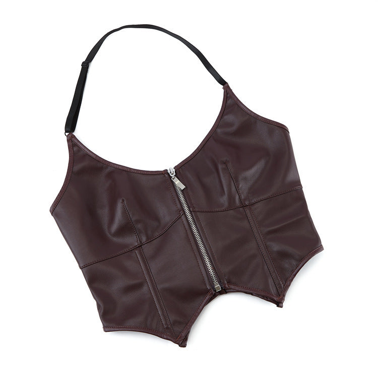 Leather Zipper Halter Tube Top