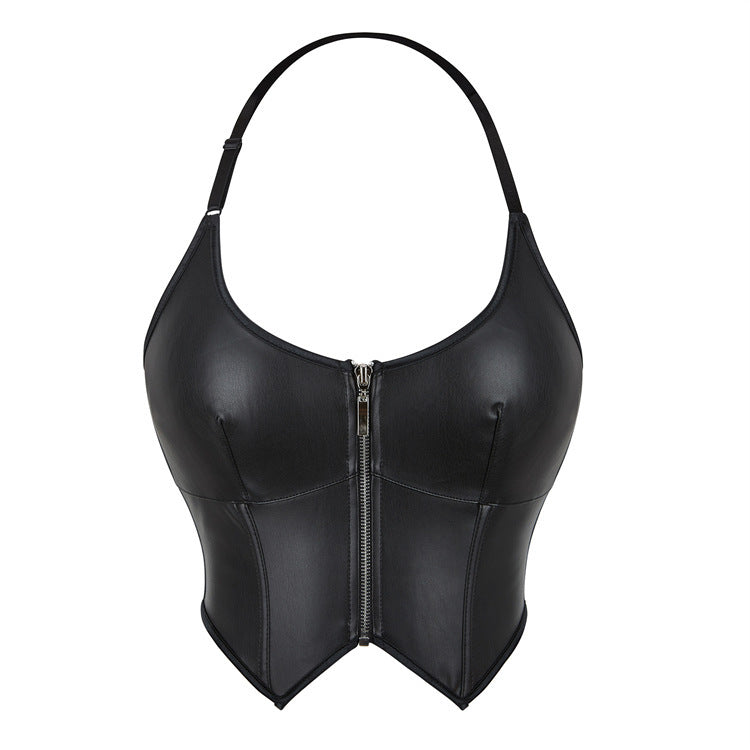 Leather Zipper Halter Tube Top