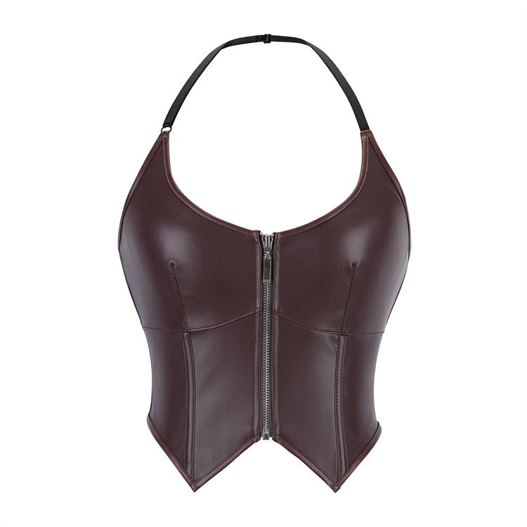 Leather Zipper Halter Tube Top