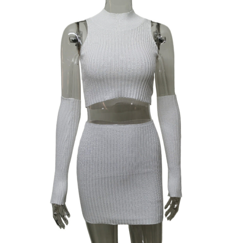 Women Sleeveless Vest Knitted Hip Skirt Suit