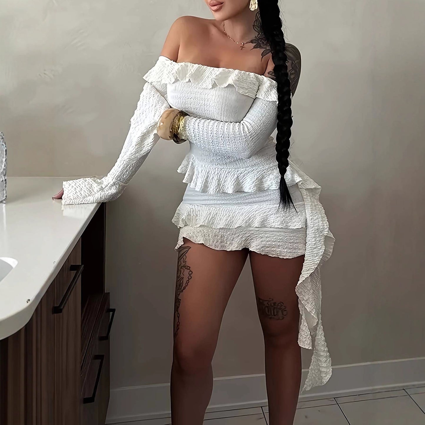 Off-Shoulder Ruffled Long Sleeve Dress