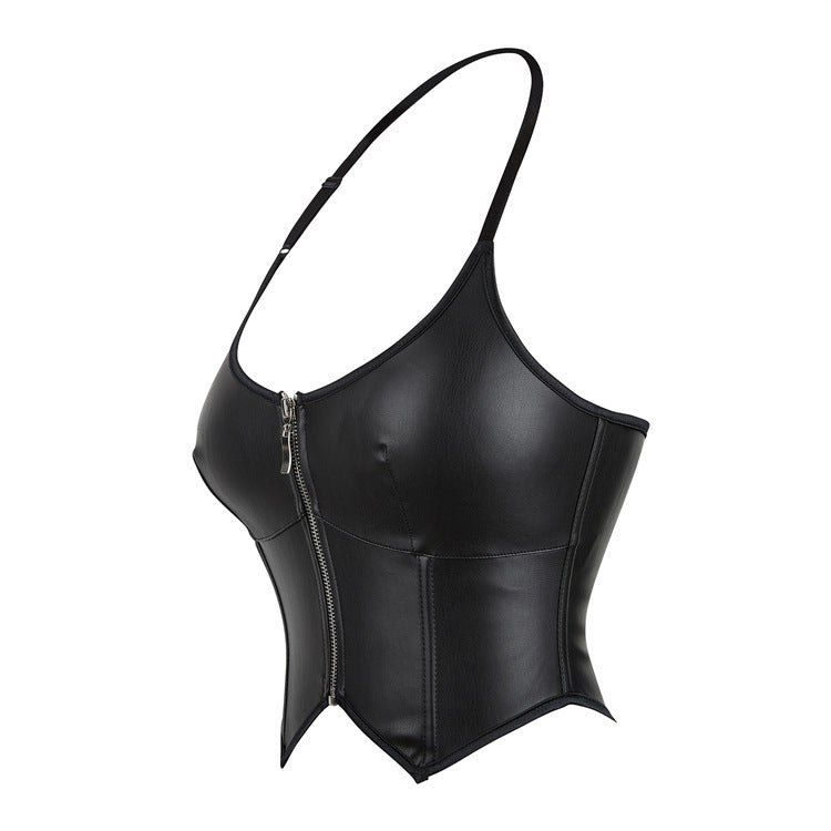 Leather Zipper Halter Tube Top