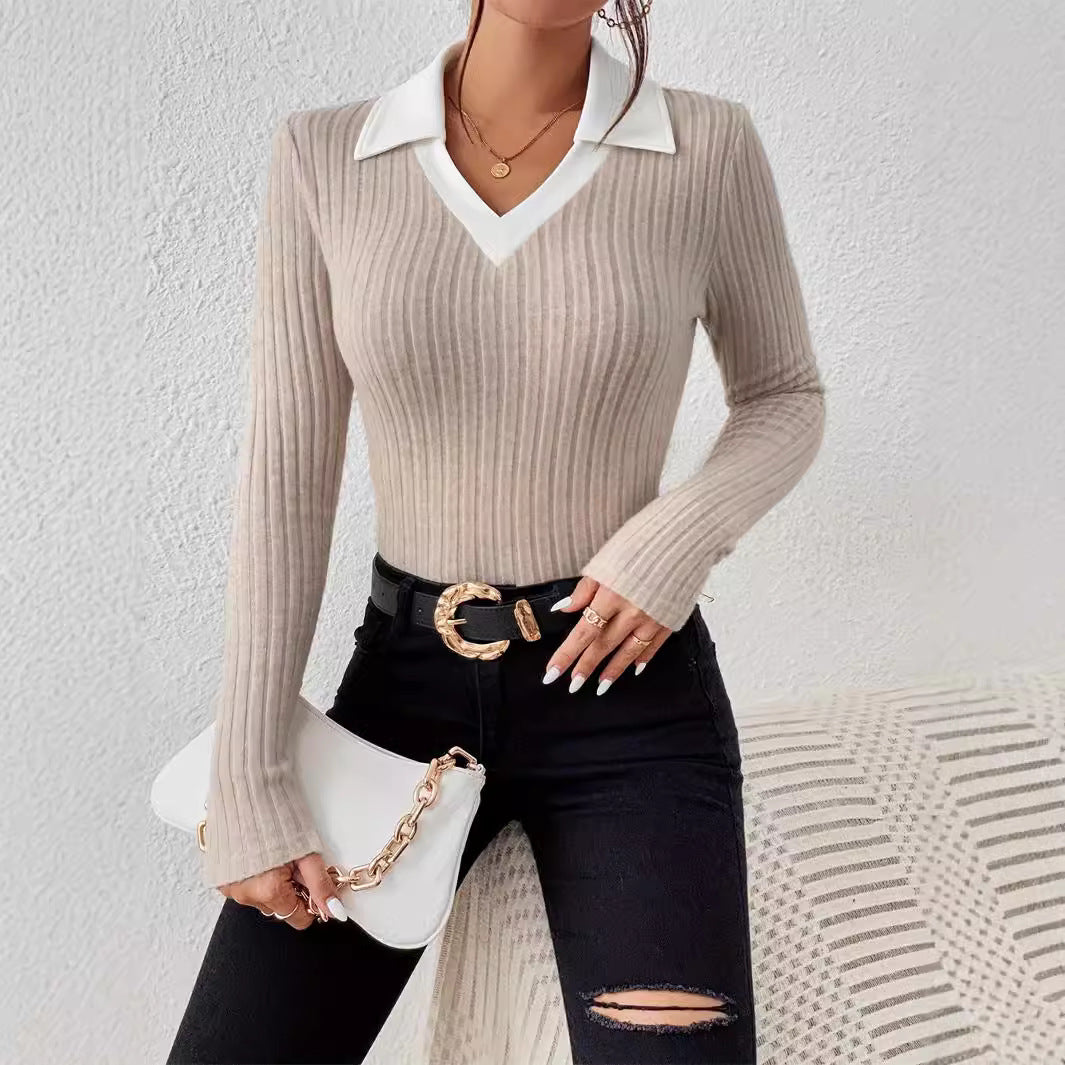 Women’s Knitted Pullover Long Sleeve V-Neck Top