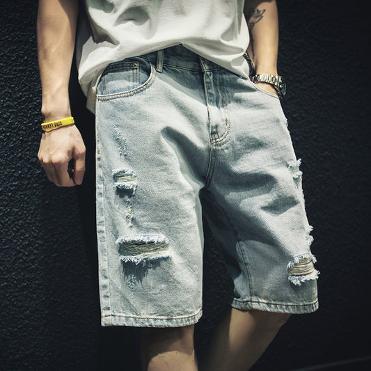 Ripped Denim Mid-Length Pants