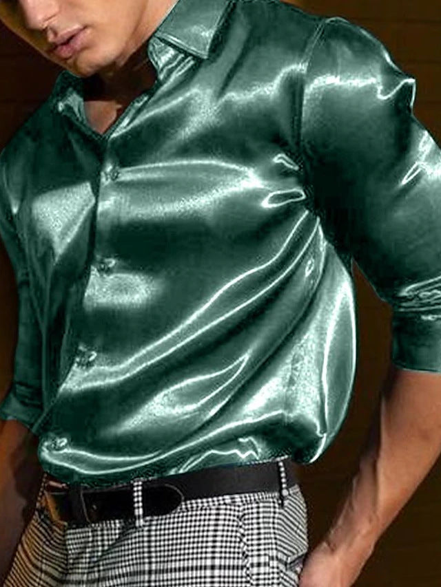 Men's Shiny Lapel Long Sleeve Shirt