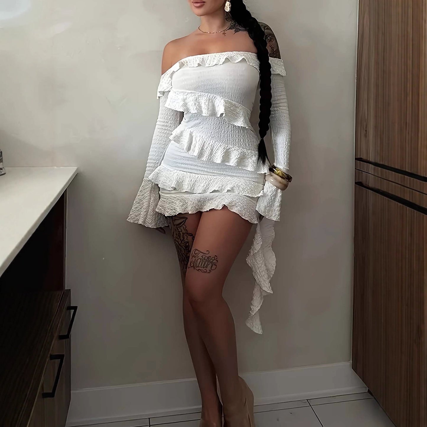 Off-Shoulder Ruffled Long Sleeve Dress